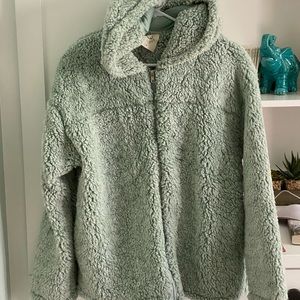 Mint green zip up hooded Sherpa jacket